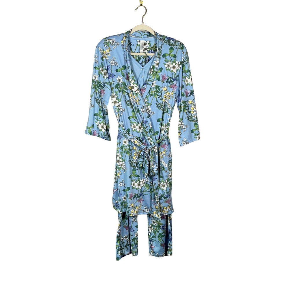 Flora Nikrooz Blue Floral 3 Piece Pajama Set Robe Tank Pants Small 1774874